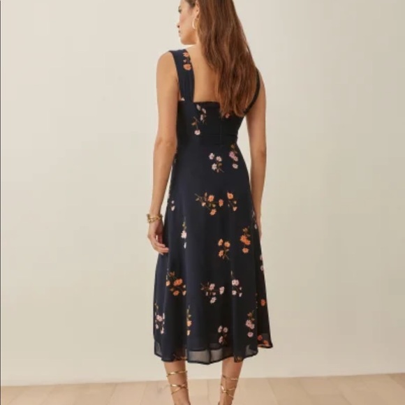 Reformation Navy Floral Midi Dress with Yellow & Pink Blooms - Picture 3 of 7